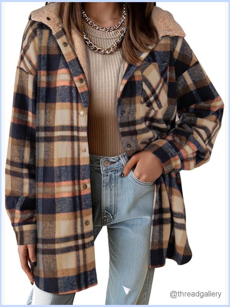 Women's Flannel Hooded Plaid Shacket Thick Winter Coat Button Down Warm Fuzzy